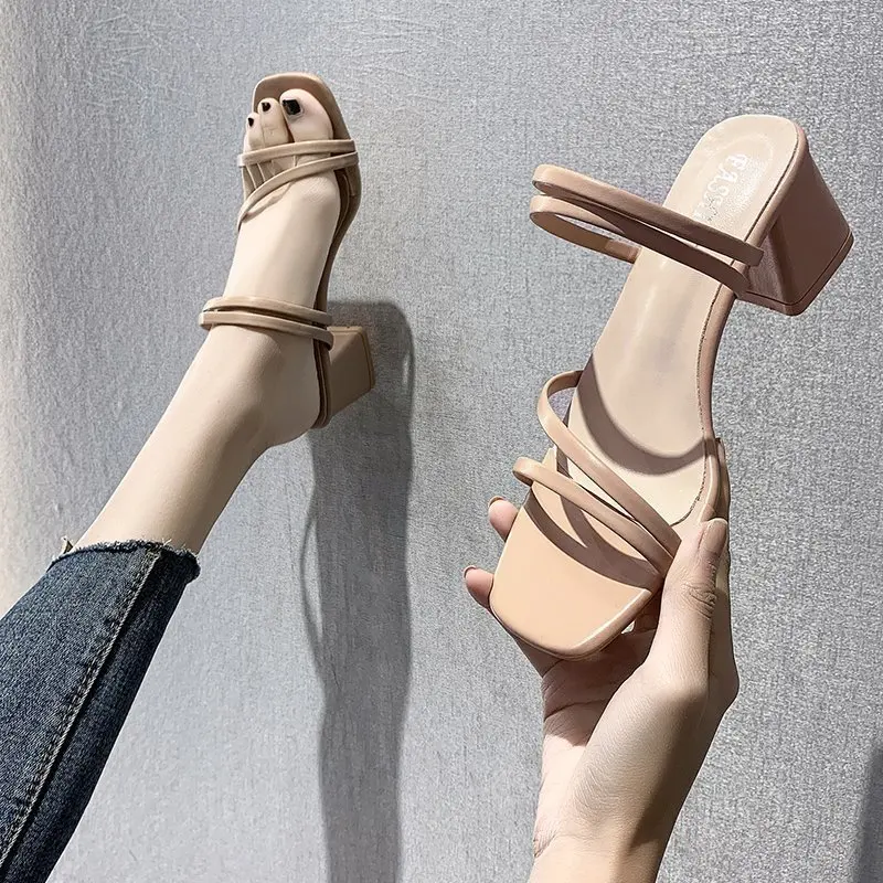 Women Sandals Ladies Square Heels Elegant Summer Slippers Outside Cross Tied Leather Female Slides 2025 Fashion Woman Sandals