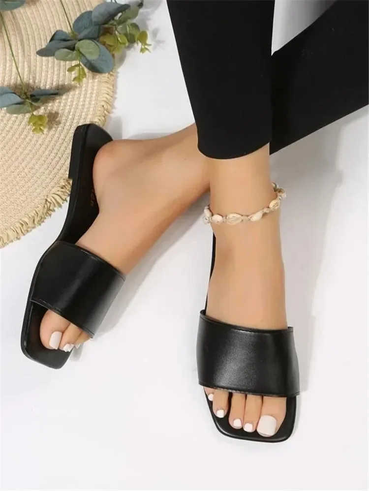 Fashion Minimalist Single Band Slide Sandals Solid Color Women Slippers 2023 Summer New Outdoor Sandy Beach Open Toe Flat Shoes