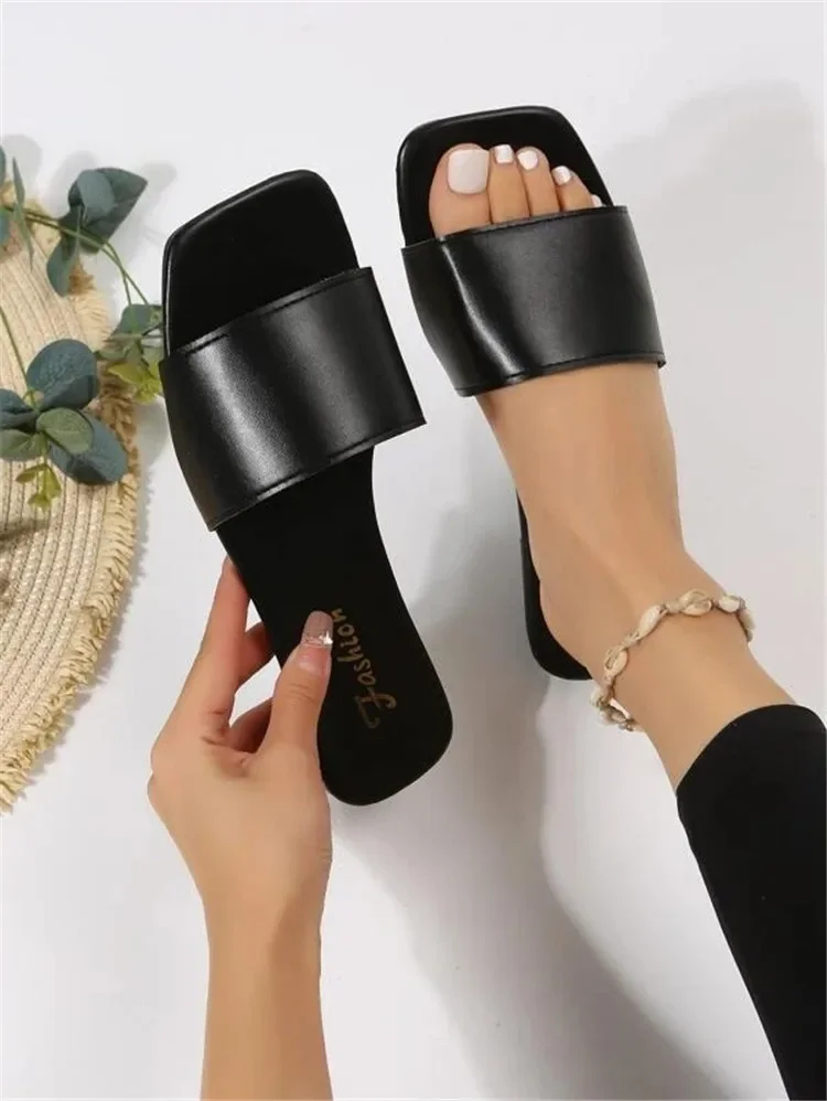 Fashion Minimalist Single Band Slide Sandals Solid Color Women Slippers 2023 Summer New Outdoor Sandy Beach Open Toe Flat Shoes