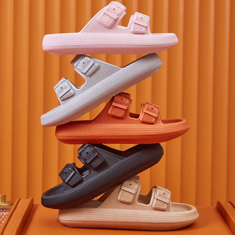 Soft Sole Pillow Slippers for Women Double Buckle Thick Platform Cloud Slides Sandals Woman Summer Beach Non Slip Flip Flops