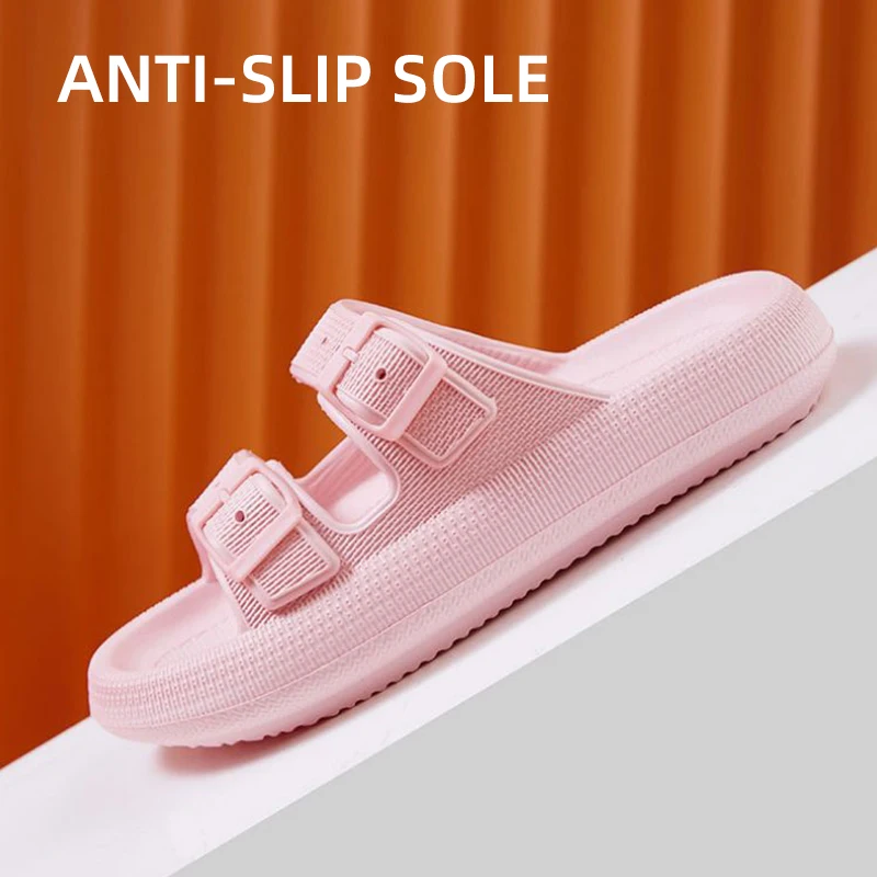 Soft Sole Pillow Slippers for Women Double Buckle Thick Platform Cloud Slides Sandals Woman Summer Beach Non Slip Flip Flops