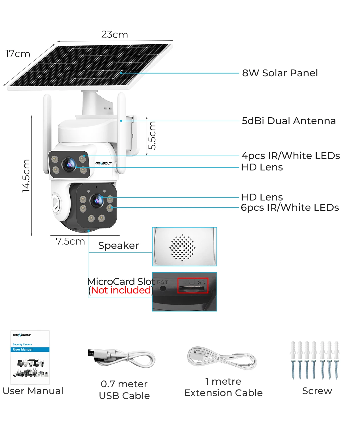 GENBOLT 2K Solar WiFi Security Camera, AOV 24/7 Recording, 14400mAh Battery, Dual View, AI Human Detection, 2.4/5GHz Wireless Outdoor CCTV