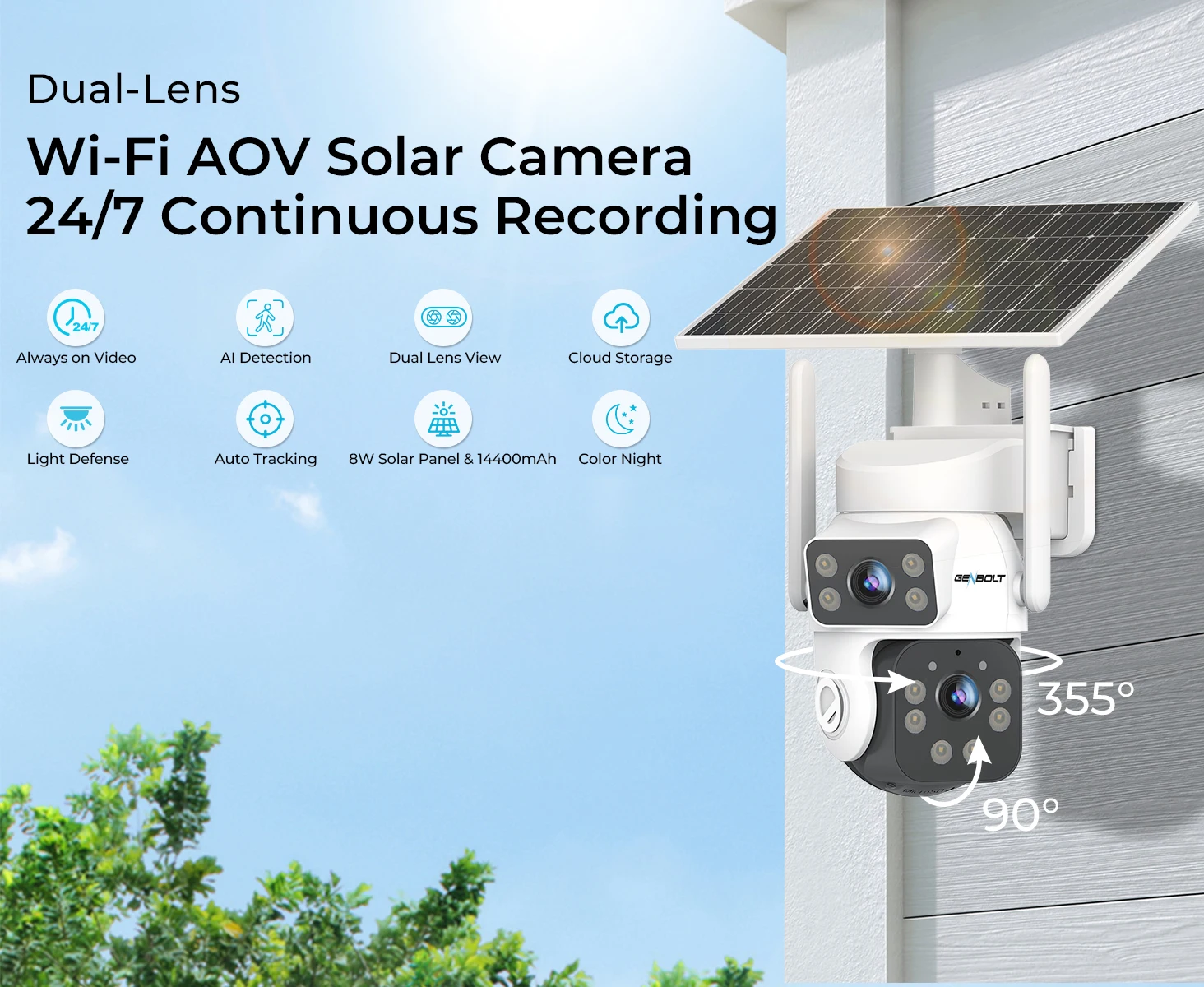 GENBOLT 2K Solar WiFi Security Camera, AOV 24/7 Recording, 14400mAh Battery, Dual View, AI Human Detection, 2.4/5GHz Wireless Outdoor CCTV