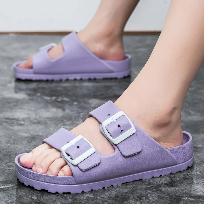 Summer Women Classic Slides Slippers Slip on Beach Sandals With Double Buckle Comfort Lightweight EVA