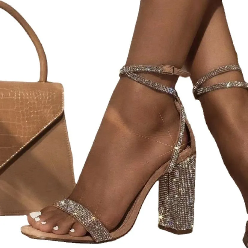 2025 Women's New High-Heeled with Rhinestone Thick Heel, High-Heeled Ankle Buckle Strap Sandals, Women's Banquet Slippers