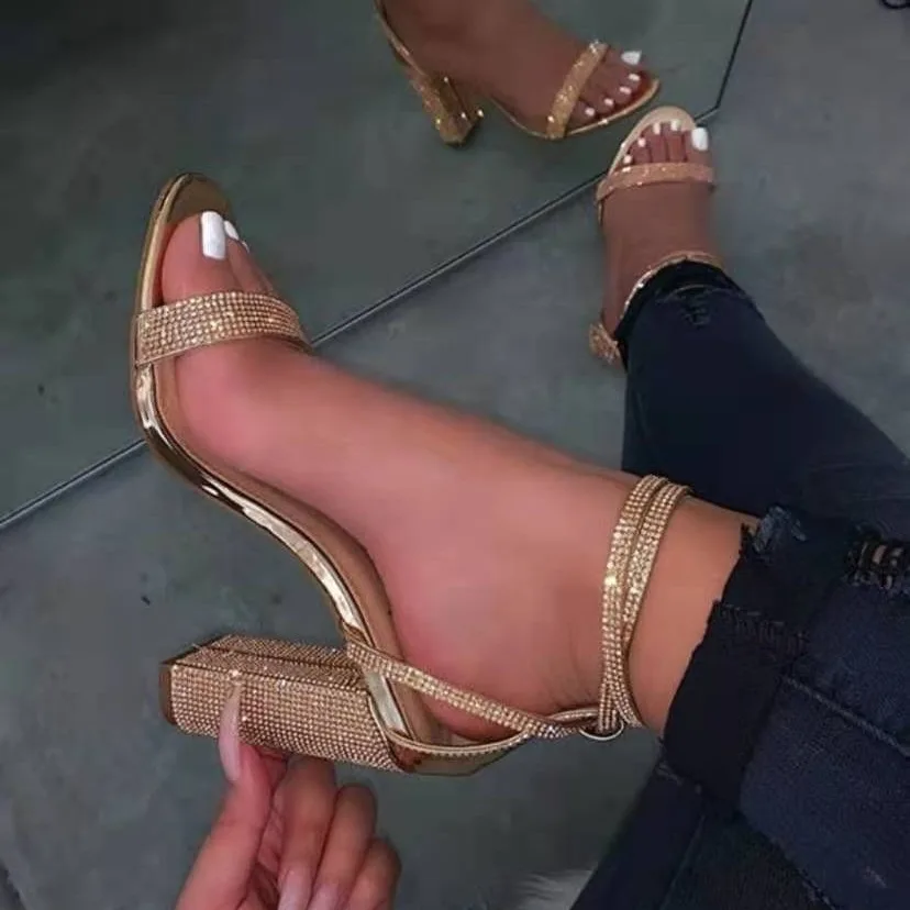 2025 Women's New High-Heeled with Rhinestone Thick Heel, High-Heeled Ankle Buckle Strap Sandals, Women's Banquet Slippers