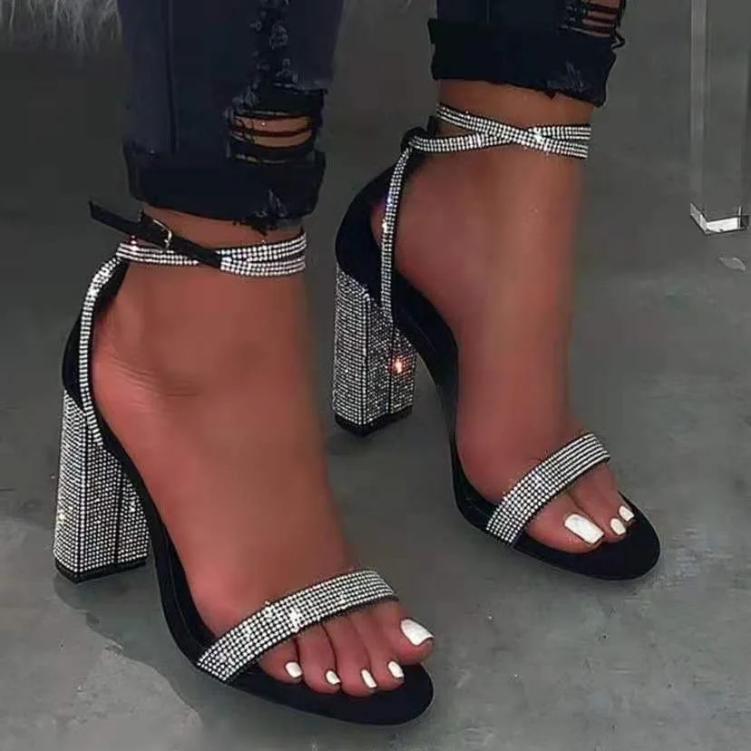 2025 Women's New High-Heeled with Rhinestone Thick Heel, High-Heeled Ankle Buckle Strap Sandals, Women's Banquet Slippers