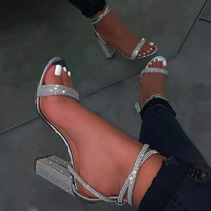 2025 Women's New High-Heeled with Rhinestone Thick Heel, High-Heeled Ankle Buckle Strap Sandals, Women's Banquet Slippers