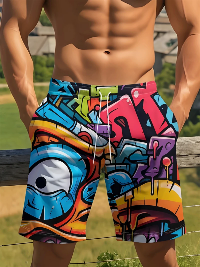 Personality Graffiti Pattern Swim Trunks For Men Summer Surf Board Shorts Swimsuit 2026 New 3D Printed Harajuku Cool Short Pants