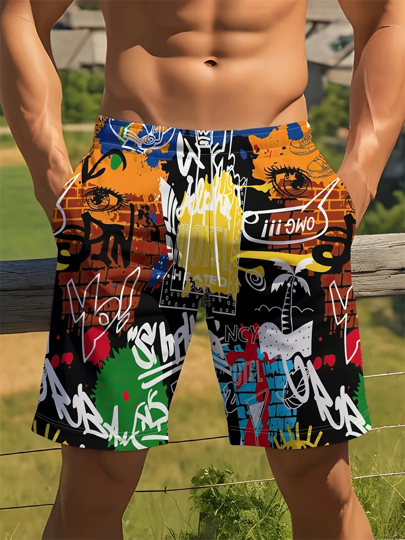 Personality Graffiti Pattern Swim Trunks For Men Summer Surf Board Shorts Swimsuit 2026 New 3D Printed Harajuku Cool Short Pants