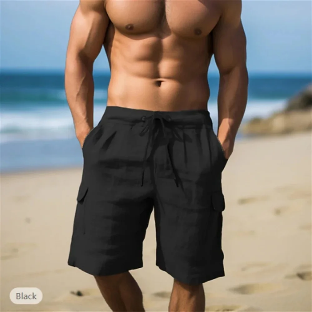 Men's Cotton Linen Shorts, Summer Lightweight Breathable Casual Beach Shorts, Basic Solid Color, Drawstring Elastic Waist