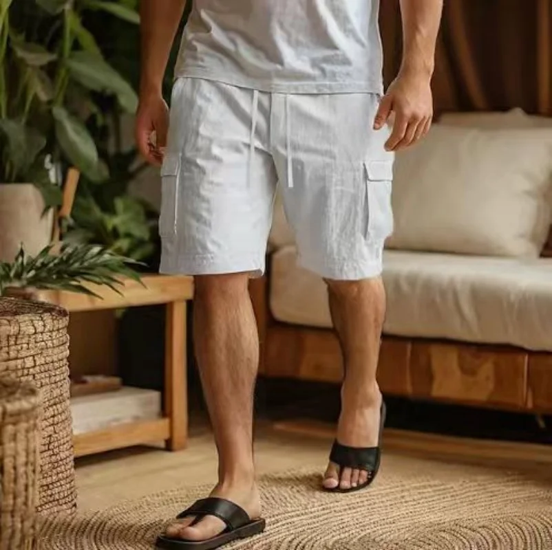 Men's Cotton Linen Shorts, Summer Lightweight Breathable Casual Beach Shorts, Basic Solid Color, Drawstring Elastic Waist
