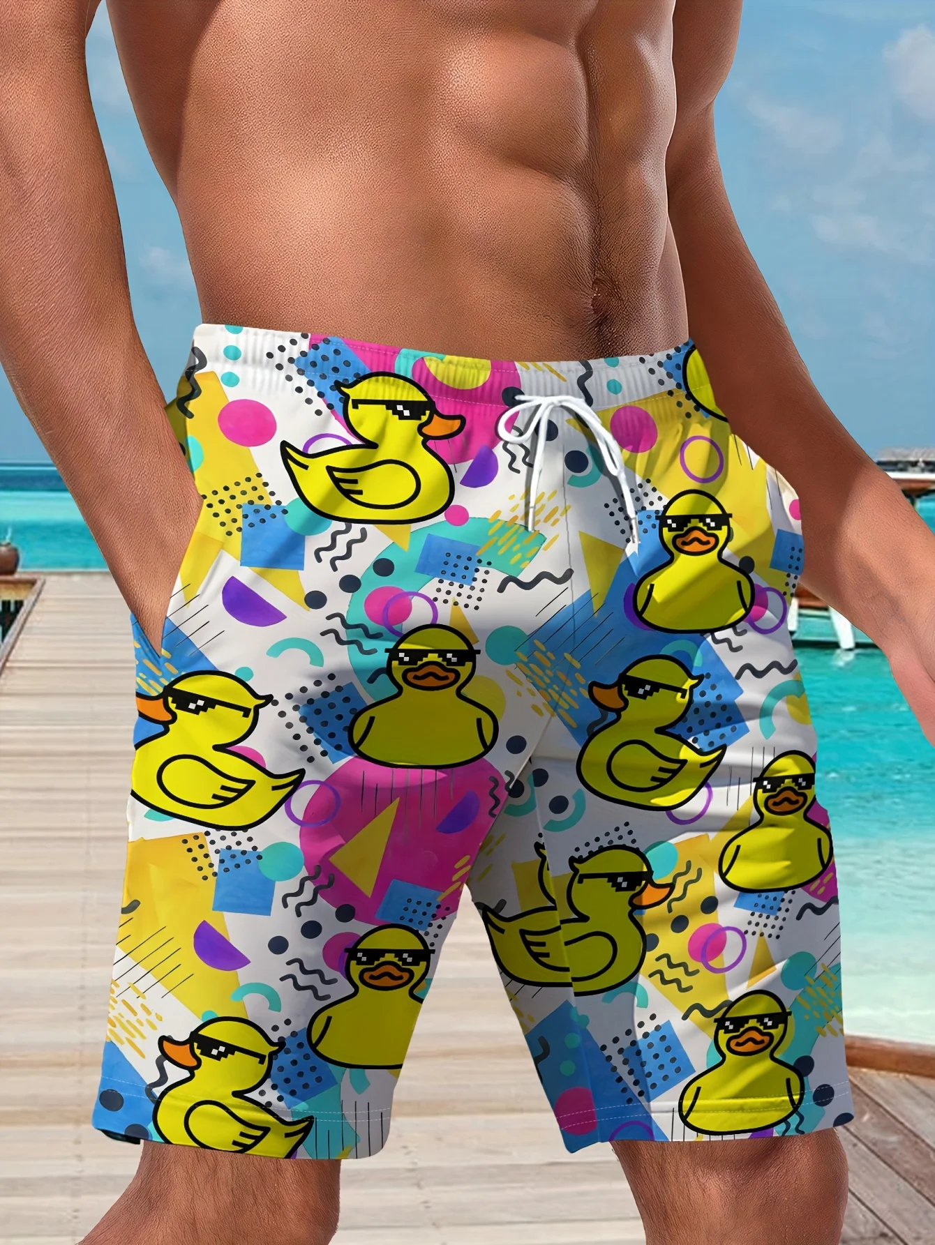 Men's Fashion Duckling Pattern Digital 3D Printing Men's Casual Drawstring Shorts with Pockets Suitable for Summer Leisure