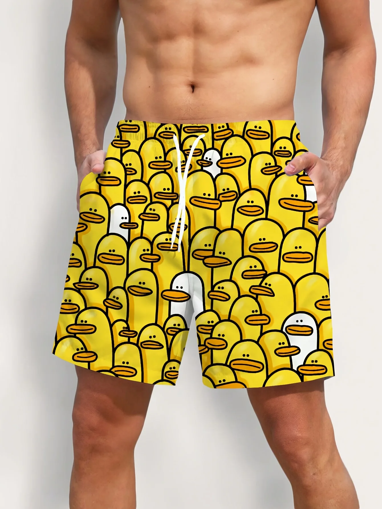 Men's Fashion Duckling Pattern Digital 3D Printing Men's Casual Drawstring Shorts with Pockets Suitable for Summer Leisure