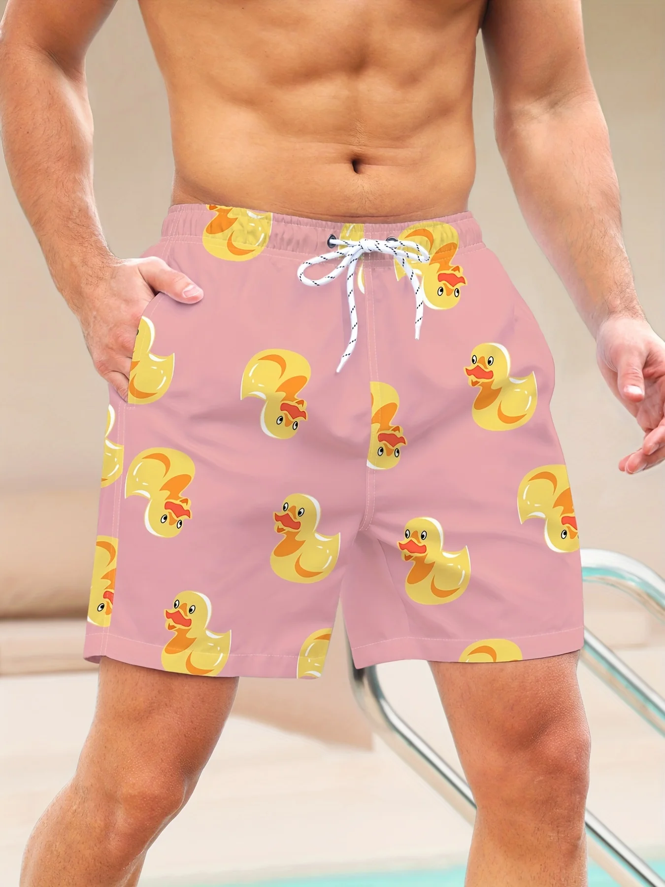 Men's Fashion Duckling Pattern Digital 3D Printing Men's Casual Drawstring Shorts with Pockets Suitable for Summer Leisure