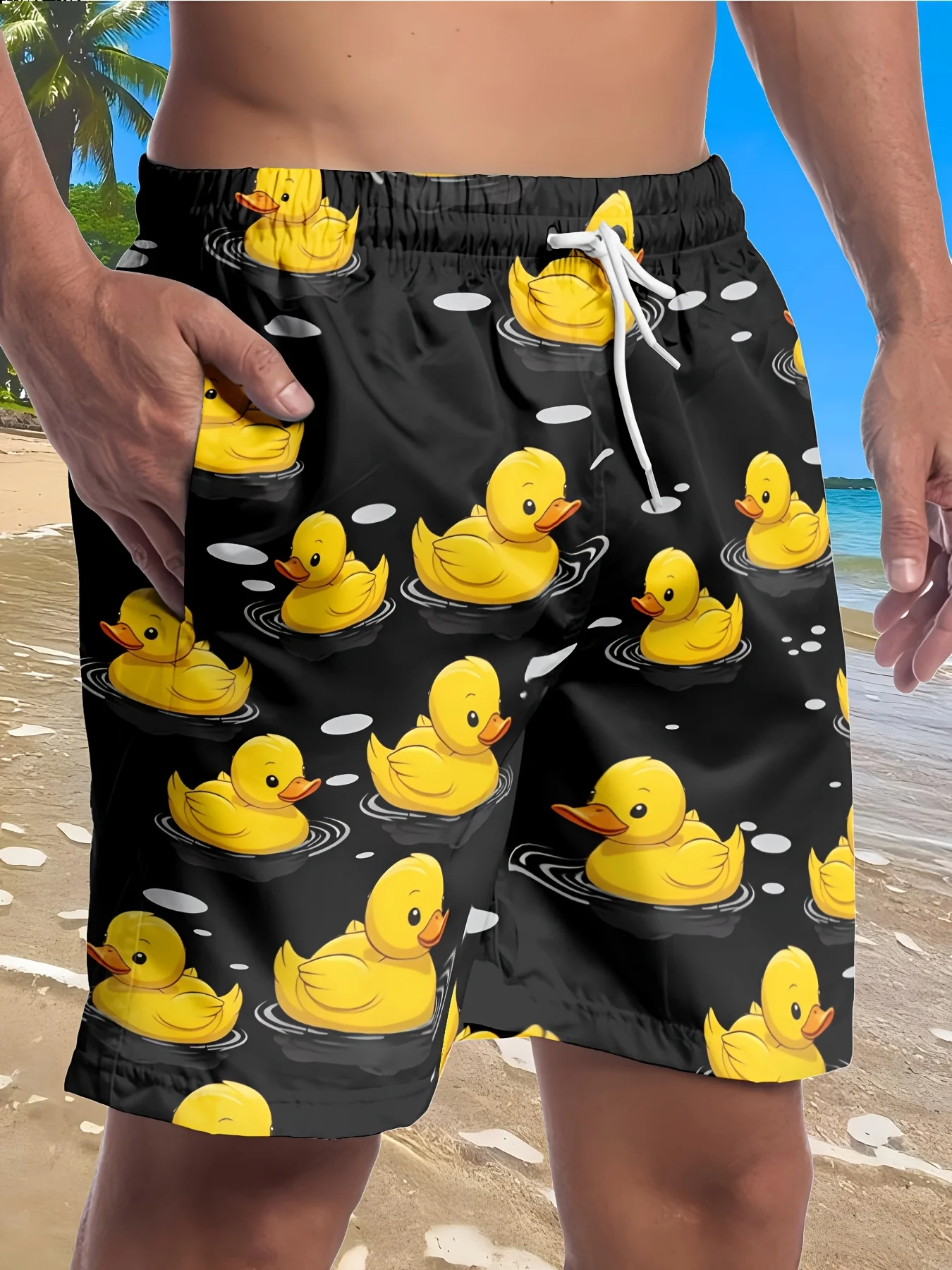 Men's Fashion Duckling Pattern Digital 3D Printing Men's Casual Drawstring Shorts with Pockets Suitable for Summer Leisure