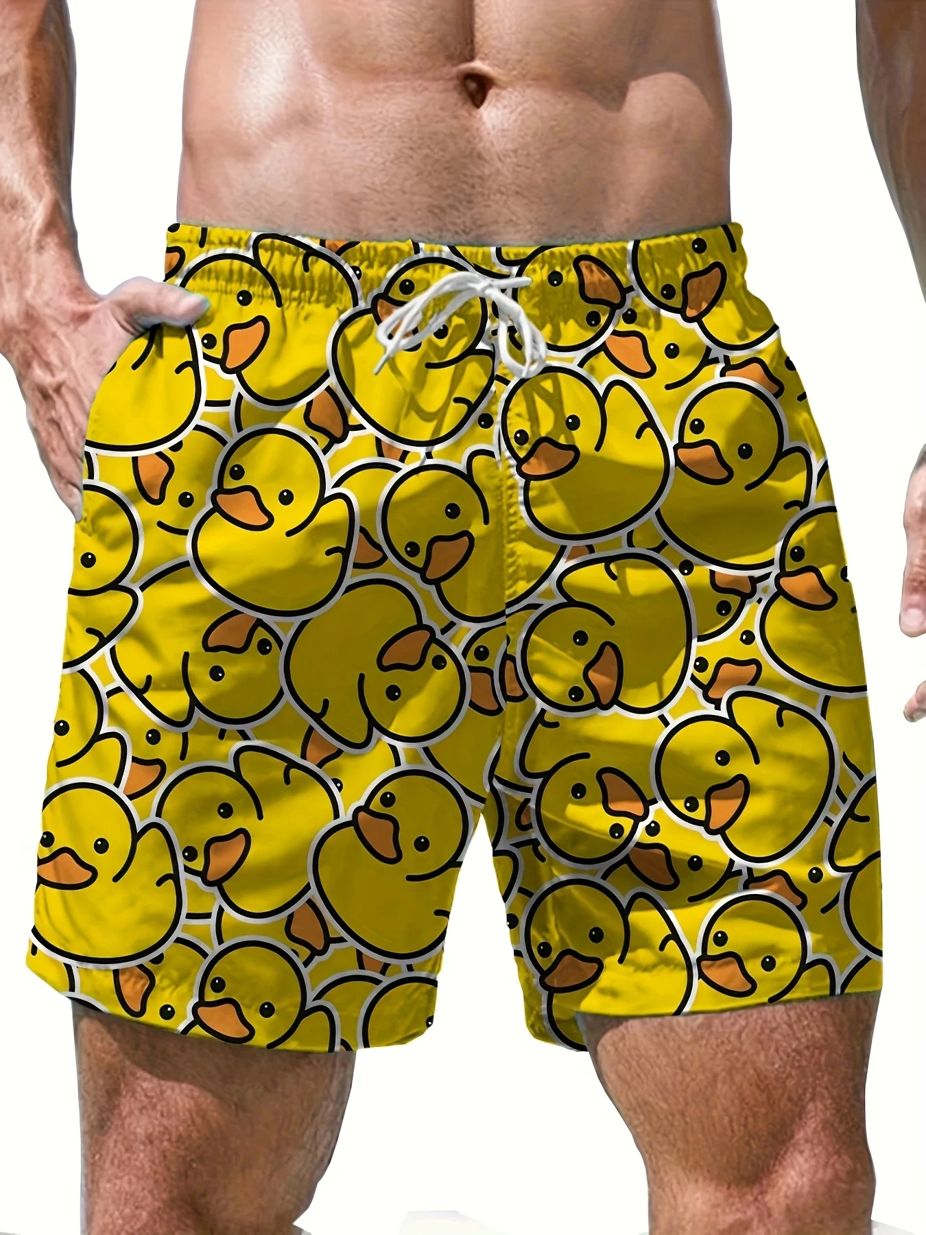 Men's Fashion Duckling Pattern Digital 3D Printing Men's Casual Drawstring Shorts with Pockets Suitable for Summer Leisure
