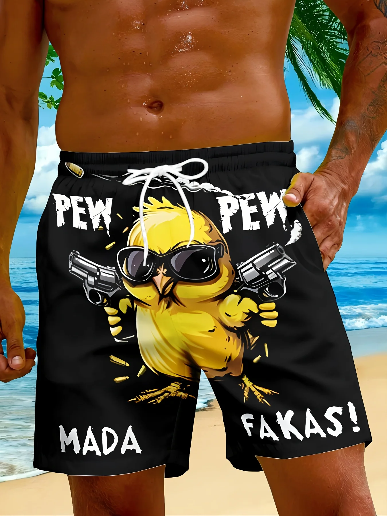 Men's Fashion Duckling Pattern Digital 3D Printing Men's Casual Drawstring Shorts with Pockets Suitable for Summer Leisure