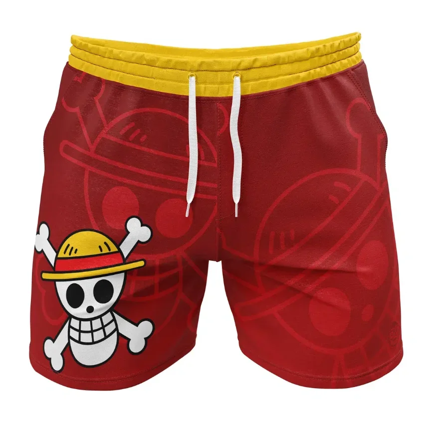 One Piece Luffy Straw Hat Pirates Shorts, Red Yellow Casual Anime Skull Logo Quick-Dry Athletic Bottoms Man's summer beach pants