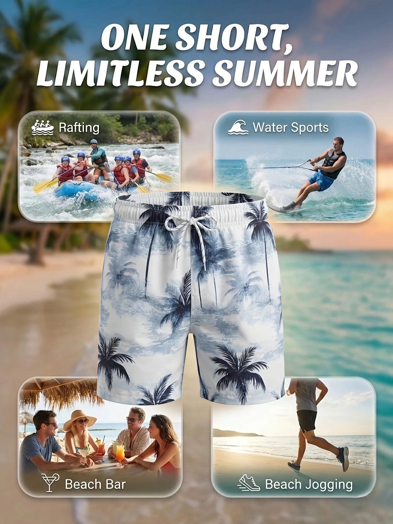 Men's Summer Blue White Ombre Palm Tree Print Quick Dry Swim Shorts, Drawstring Beach Trunks with Pockets