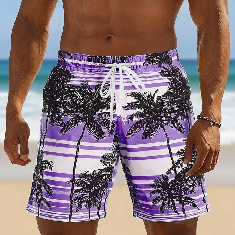 Tropical Striped Palm Tree Graphic Swim Trunks For Men Casual 3D Printed Short Pants Summer Hawaii Surf Swimsuit Beach Shorts