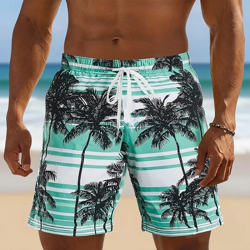 Tropical Striped Palm Tree Graphic Swim Trunks For Men Casual 3D Printed Short Pants Summer Hawaii Surf Swimsuit Beach Shorts