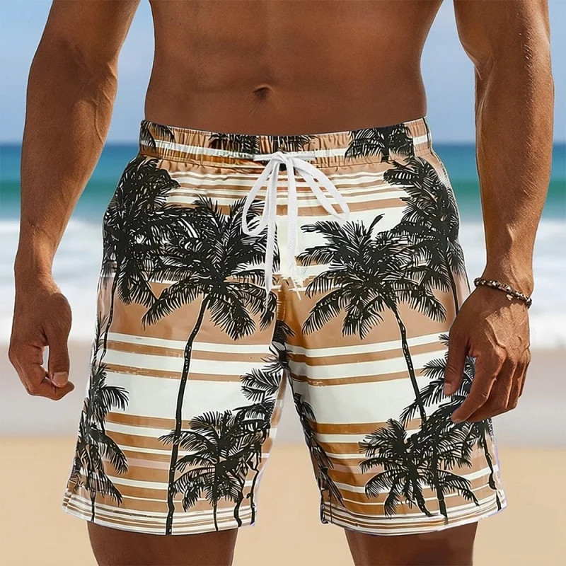 Tropical Striped Palm Tree Graphic Swim Trunks For Men Casual 3D Printed Short Pants Summer Hawaii Surf Swimsuit Beach Shorts