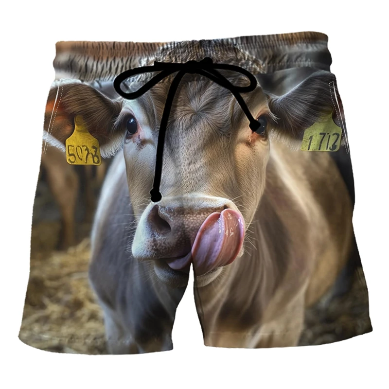Funny Cows Pattern Beach Shorts Fashion Summer Vacation 3D Animals Printed Mens Board Shorts Casual Breathable Loose Swim Trunks