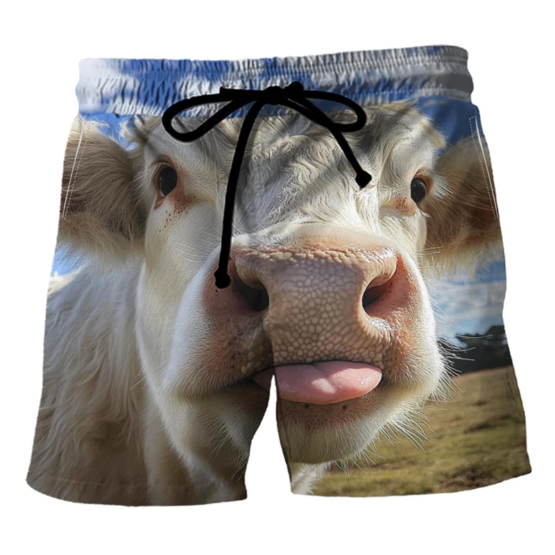 Funny Cows Pattern Beach Shorts Fashion Summer Vacation 3D Animals Printed Mens Board Shorts Casual Breathable Loose Swim Trunks