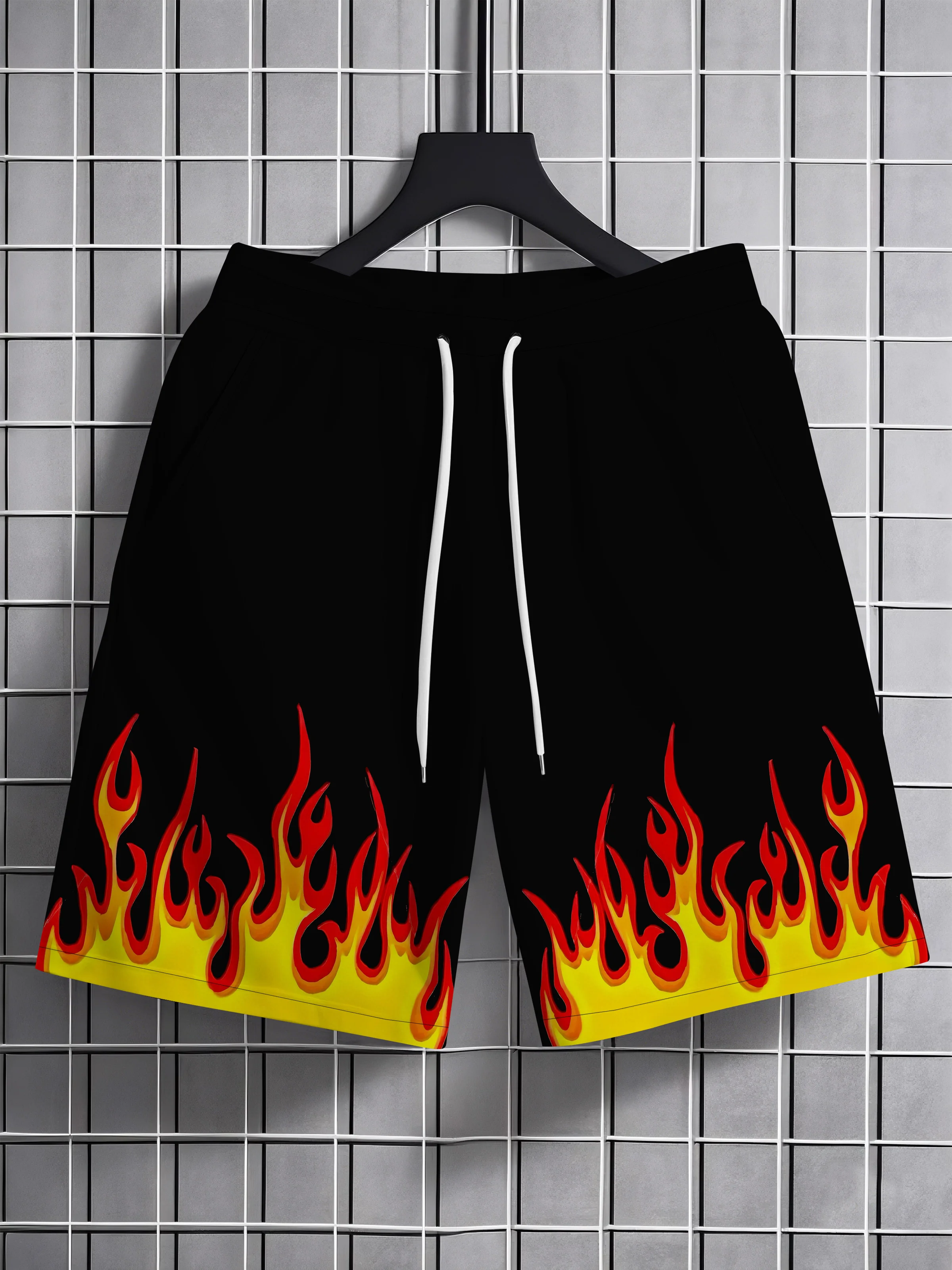 Men's Casual Sports Shorts with a Flame 3D Pattern Outdoor Breathable and Quick-Drying Beach Shorts Suitable for Summer Swimming