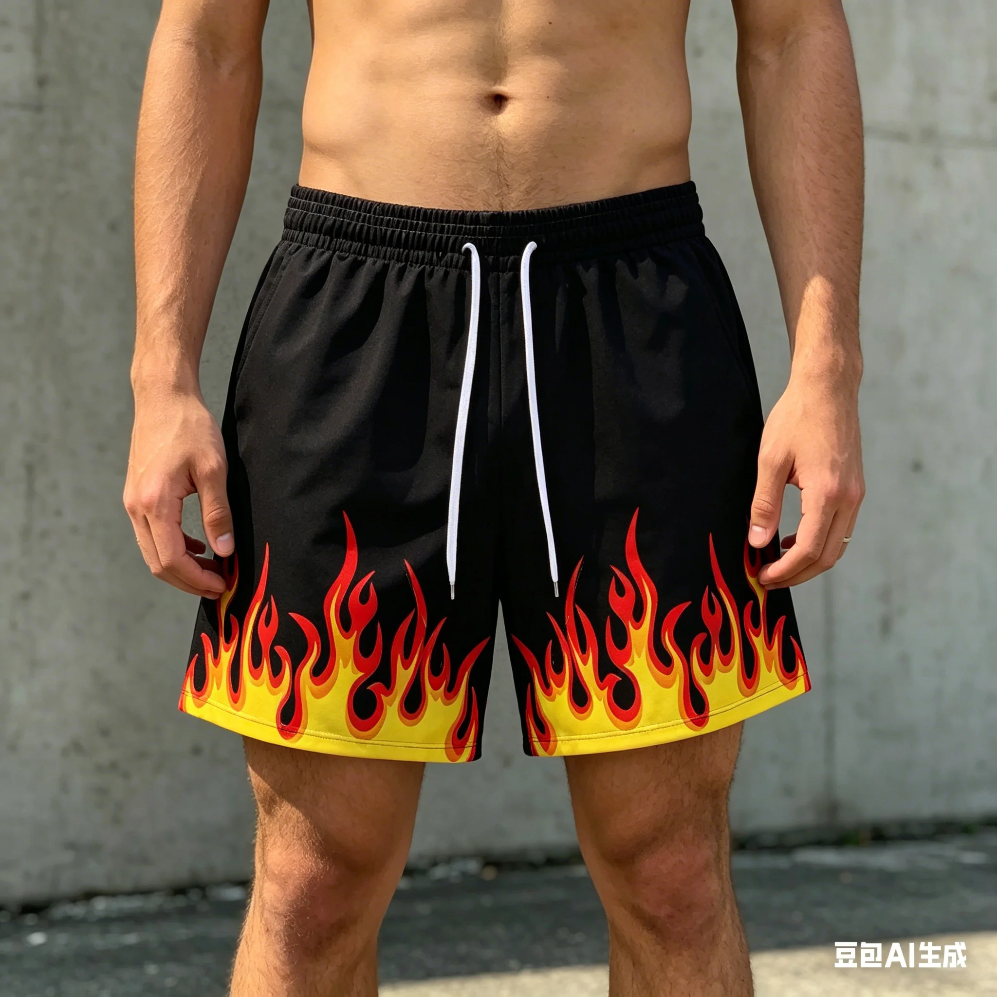 Men's Casual Sports Shorts with a Flame 3D Pattern Outdoor Breathable and Quick-Drying Beach Shorts Suitable for Summer Swimming