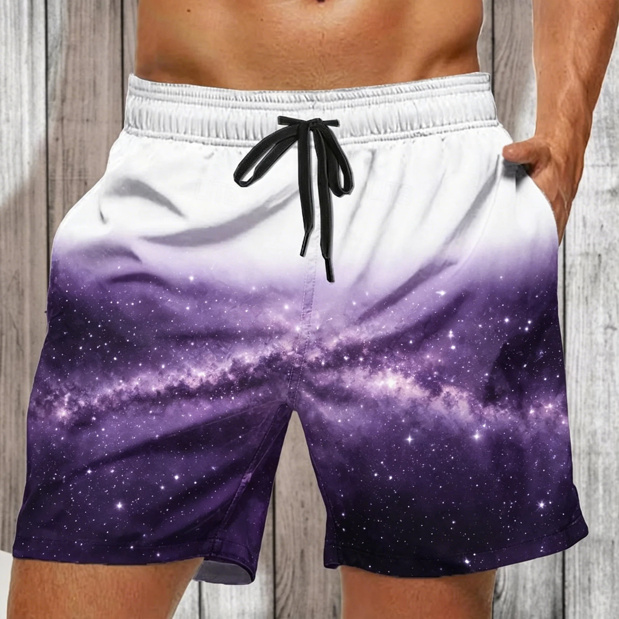 Men's White Green Ombre Fern Print Drawstring Shorts, Casual Loose Swim Trunks For Spring Summer Beach Wear
