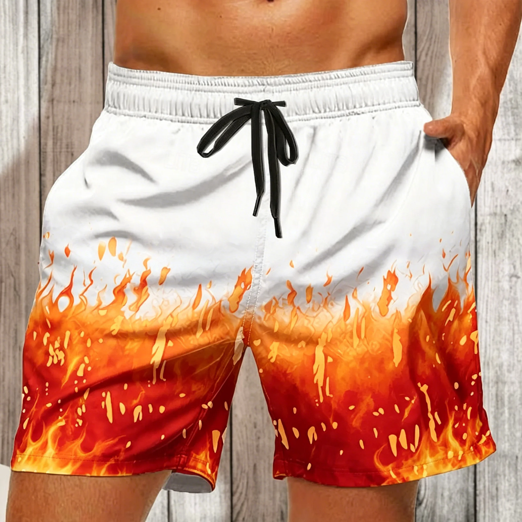 Men's White Green Ombre Fern Print Drawstring Shorts, Casual Loose Swim Trunks For Spring Summer Beach Wear
