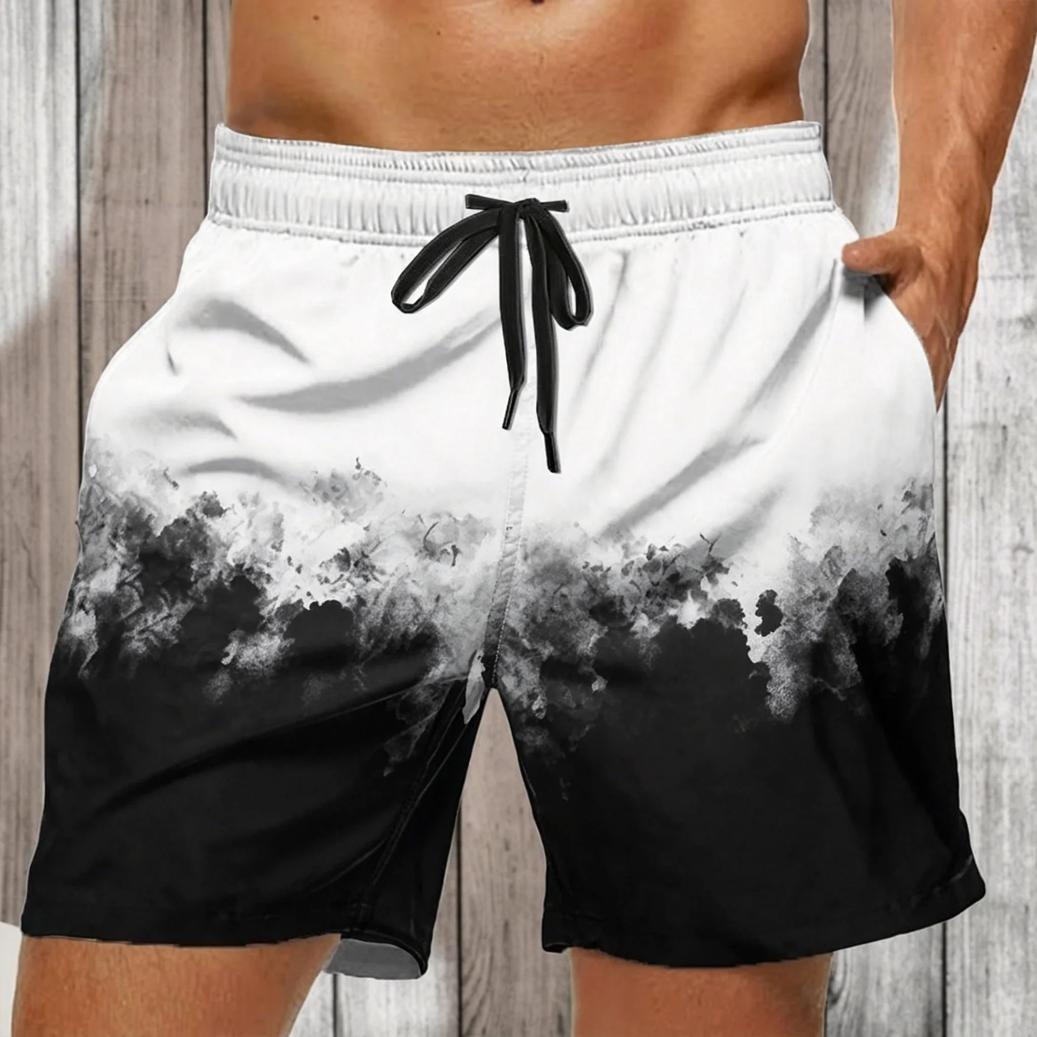 Men's White Green Ombre Fern Print Drawstring Shorts, Casual Loose Swim Trunks For Spring Summer Beach Wear