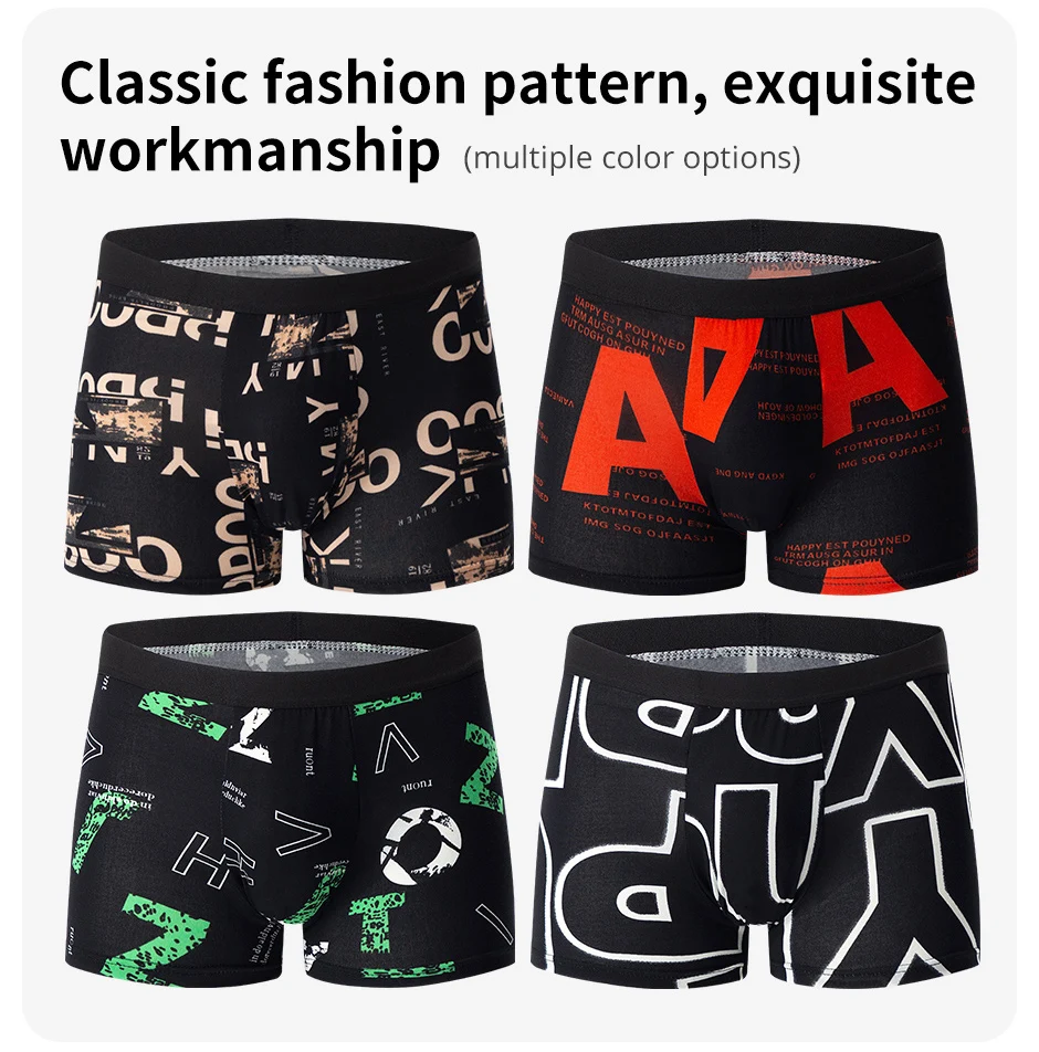 4-Piece Men's Printed Letter Underwear Beach Shorts Comfortable Breathable Teenagers Plus Size Underwear Up to 6XL.