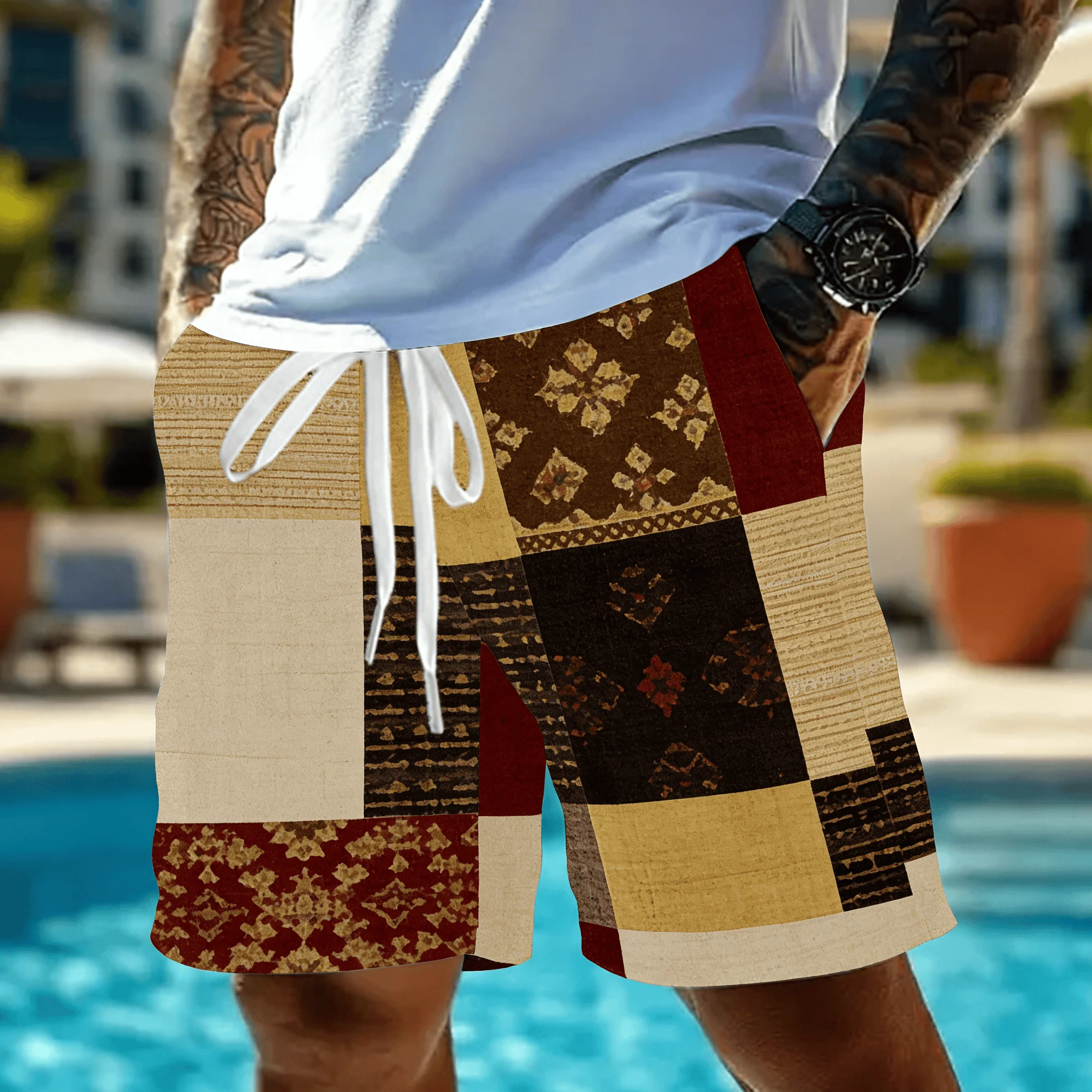 Men's Vintage Patchwork Ethnic Print Drawstring Shorts, Spring Summer Boho Casual Shorts, Pocket Beach Shorts