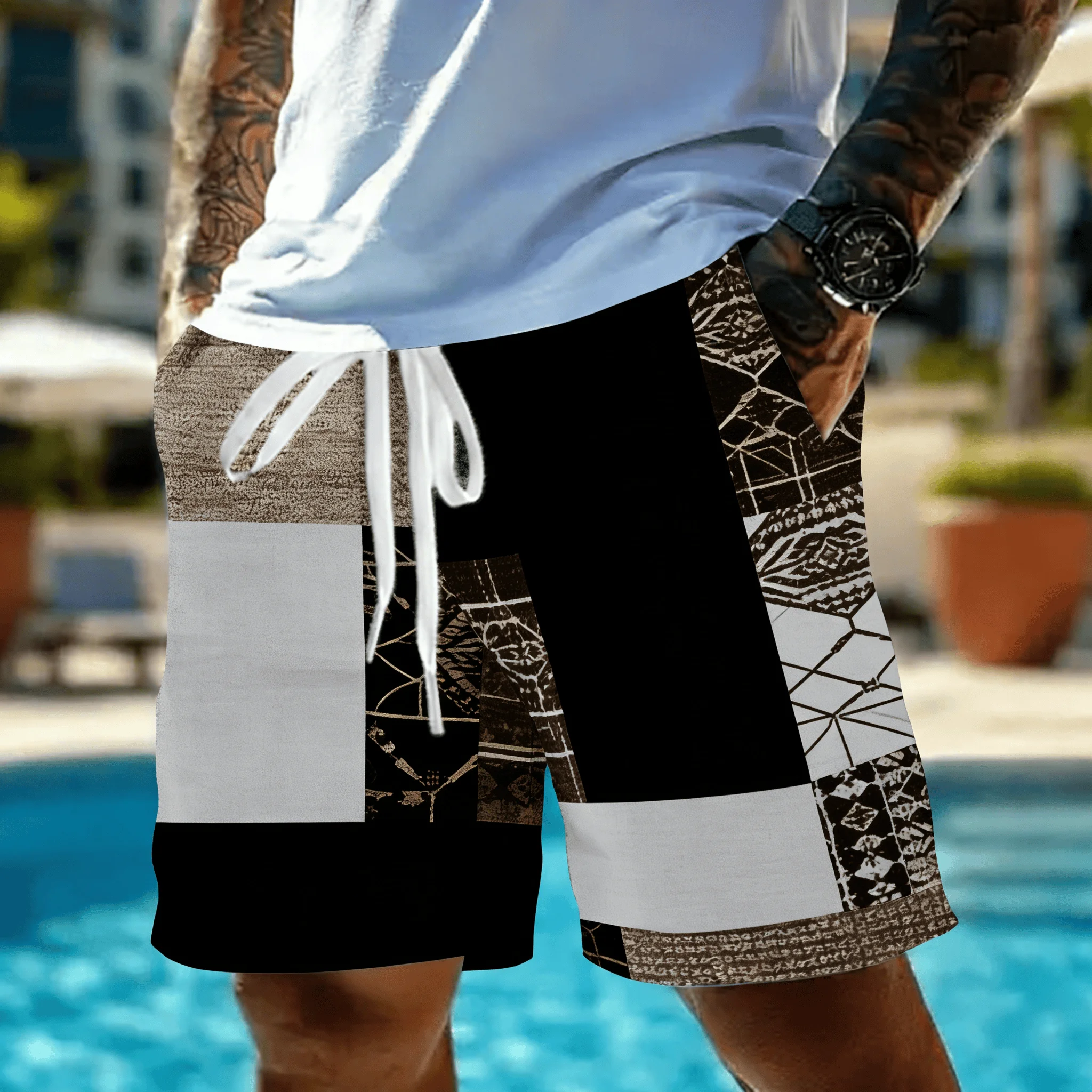 Men's Vintage Patchwork Ethnic Print Drawstring Shorts, Spring Summer Boho Casual Shorts, Pocket Beach Shorts