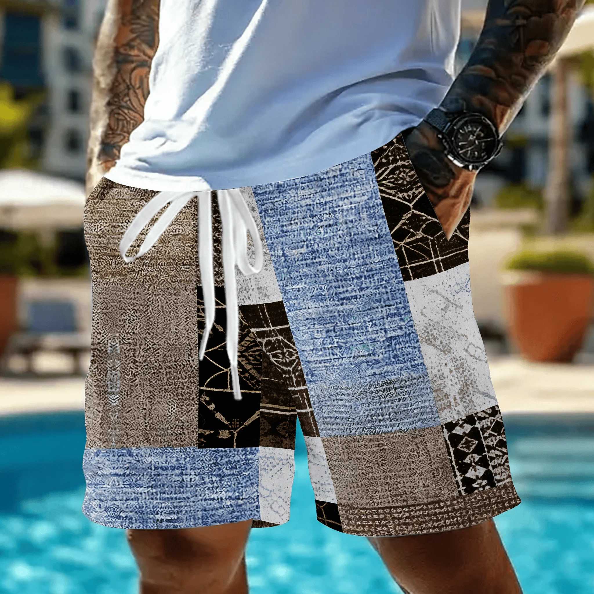 Men's Vintage Patchwork Ethnic Print Drawstring Shorts, Spring Summer Boho Casual Shorts, Pocket Beach Shorts