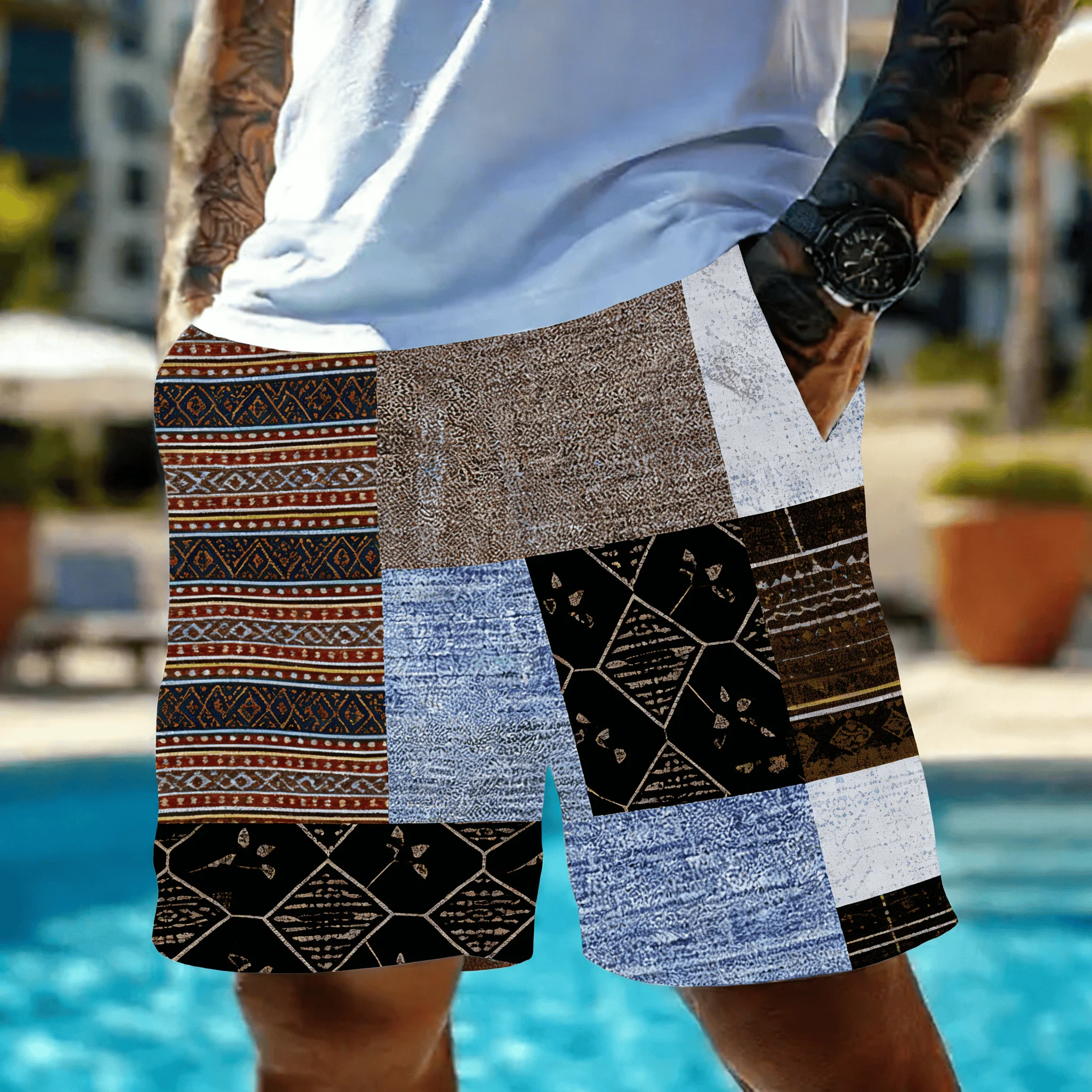 Men's Vintage Patchwork Ethnic Print Drawstring Shorts, Spring Summer Boho Casual Shorts, Pocket Beach Shorts