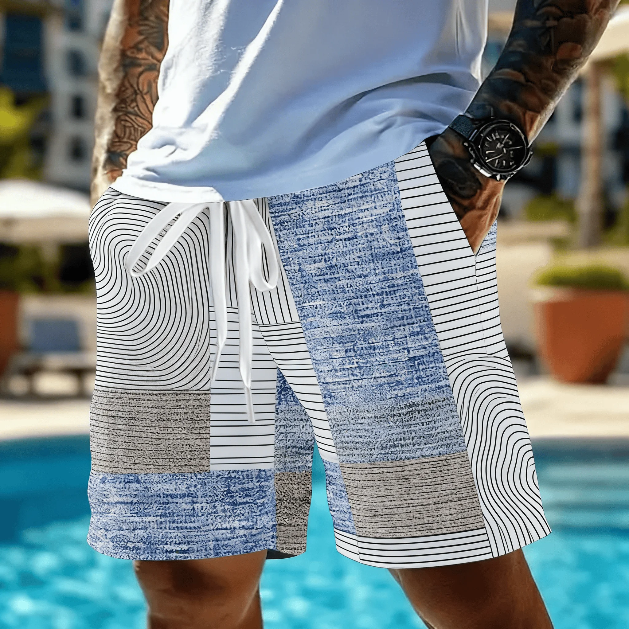 Men's Vintage Patchwork Ethnic Print Drawstring Shorts, Spring Summer Boho Casual Shorts, Pocket Beach Shorts