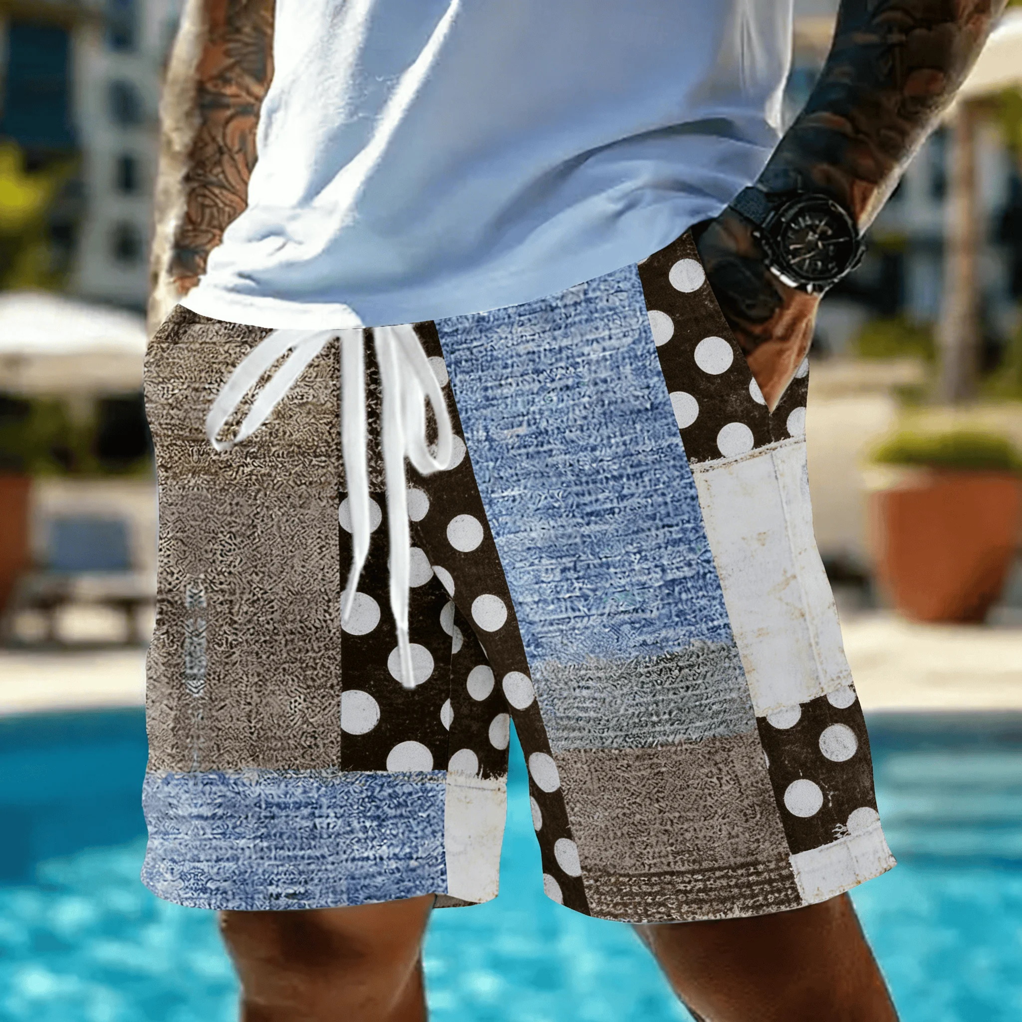 Men's Vintage Patchwork Ethnic Print Drawstring Shorts, Spring Summer Boho Casual Shorts, Pocket Beach Shorts