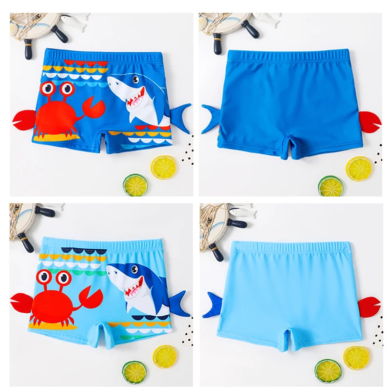 Summer Boys Swim Trunks Set with Hat 2pcs Set Blue Crab Cartoon Print for Children's Boy's Swimwear Kids Bathing Suit 2-12 Years
