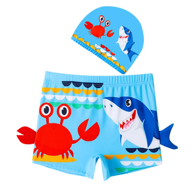 Summer Boys Swim Trunks Set with Hat 2pcs Set Blue Crab Cartoon Print for Children's Boy's Swimwear Kids Bathing Suit 2-12 Years