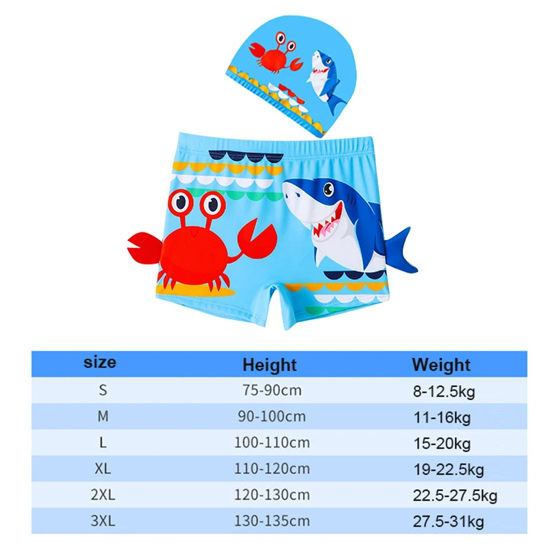 Summer Boys Swim Trunks Set with Hat 2pcs Set Blue Crab Cartoon Print for Children's Boy's Swimwear Kids Bathing Suit 2-12 Years