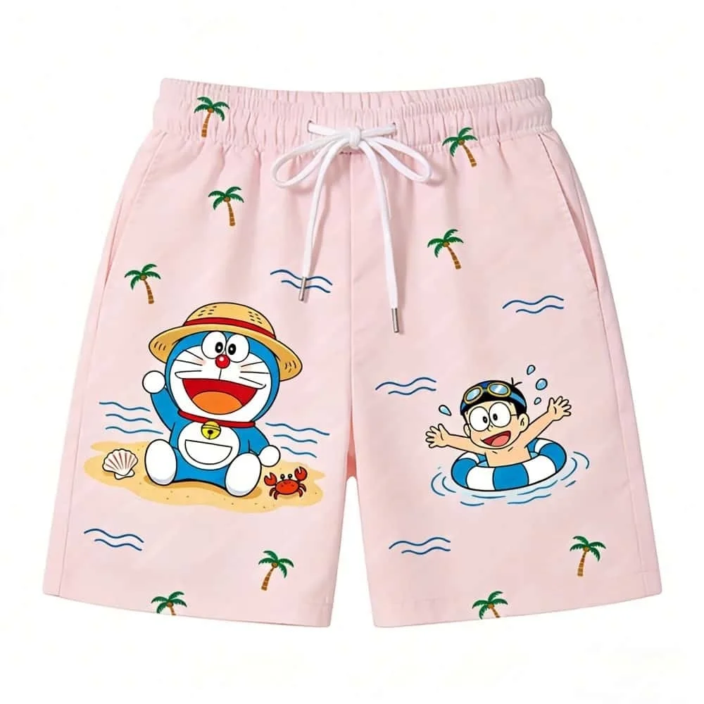 Doraemon Print Unisex Summer Quick Drying Beach Elastic Waist Casual Vacation Versatile Breathable Family Machingkids Shorts