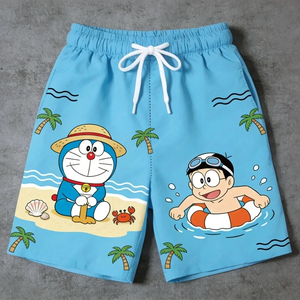 Doraemon Print Unisex Summer Quick Drying Beach Elastic Waist Casual Vacation Versatile Breathable Family Machingkids Shorts
