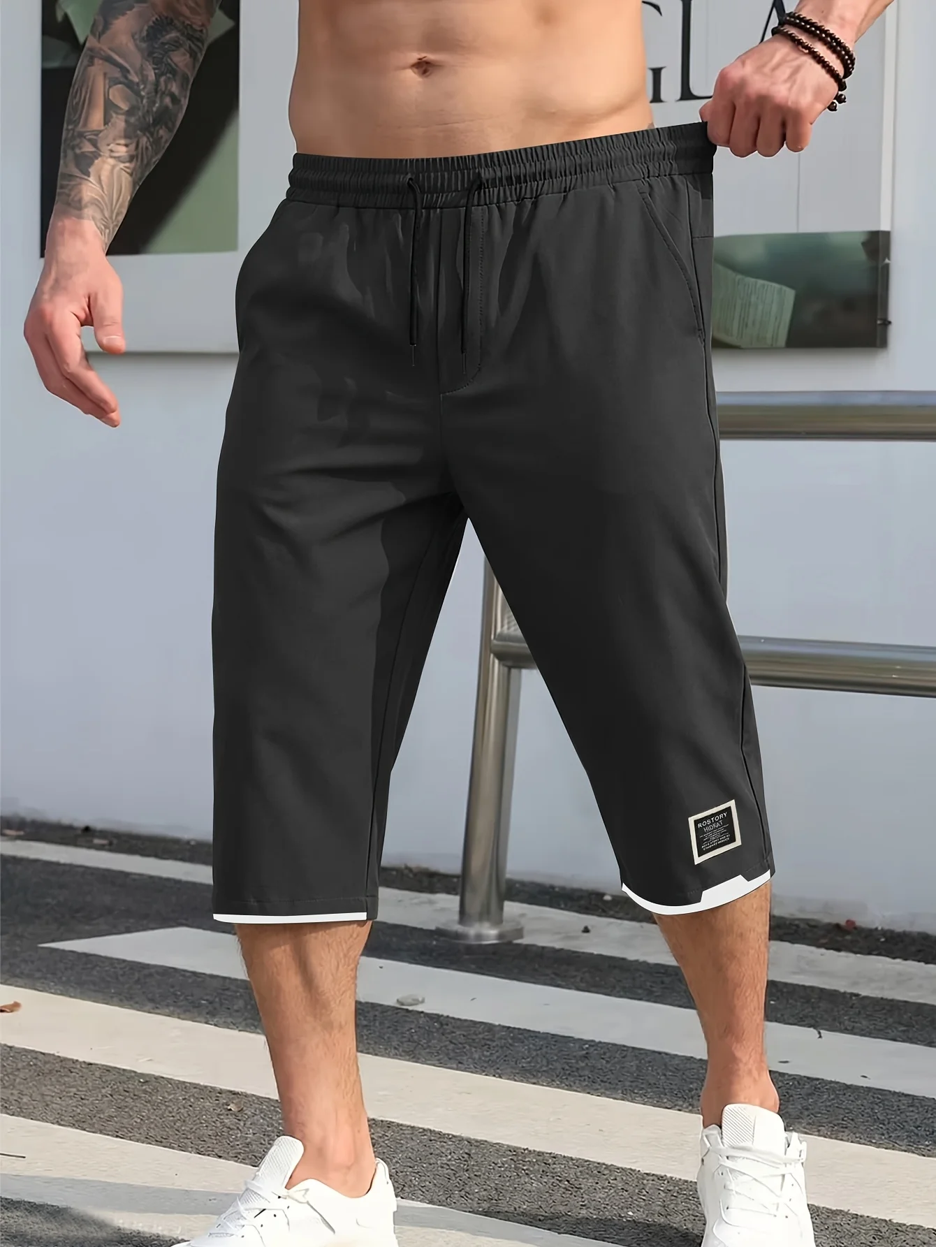 Men's Shorts Summer Black Casual Drawstring Cropped Pants Vacation Loose Cargo Man Clothes Sweatsuit Running Tennis Basketball