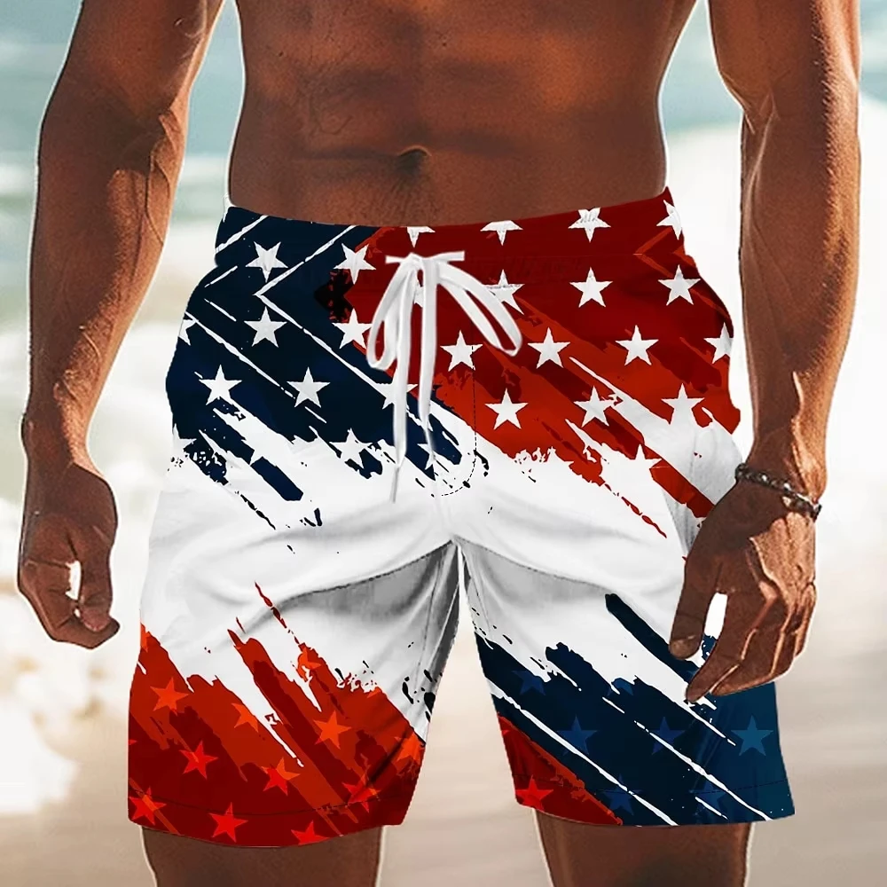 Hot Selling Top Grade Flag Print Hawaiian Board Shorts, Men Casual Beach Shorts for Holiday & Summer Seaside Wear Daily Leisure