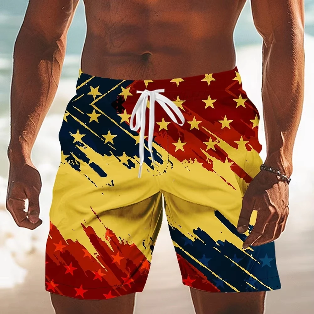 Hot Selling Top Grade Flag Print Hawaiian Board Shorts, Men Casual Beach Shorts for Holiday & Summer Seaside Wear Daily Leisure