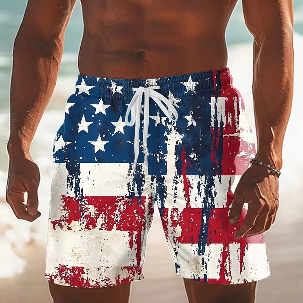 Hot Selling Top Grade Flag Print Hawaiian Board Shorts, Men Casual Beach Shorts for Holiday & Summer Seaside Wear Daily Leisure